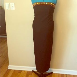 Strapless black dress with colorful boho neckline